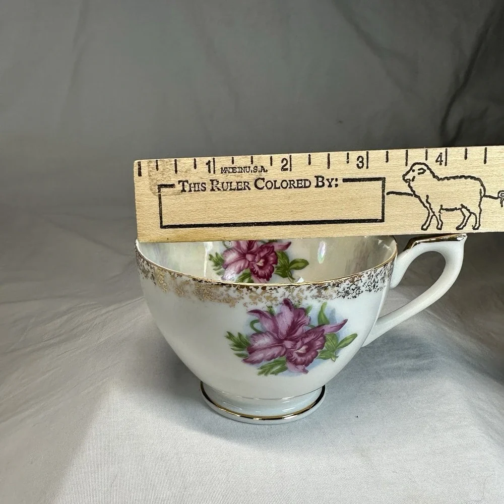 Iridescent Pink Orchid Tea Cup Reticulated Saucer‎ Lusterware Grandmillennial